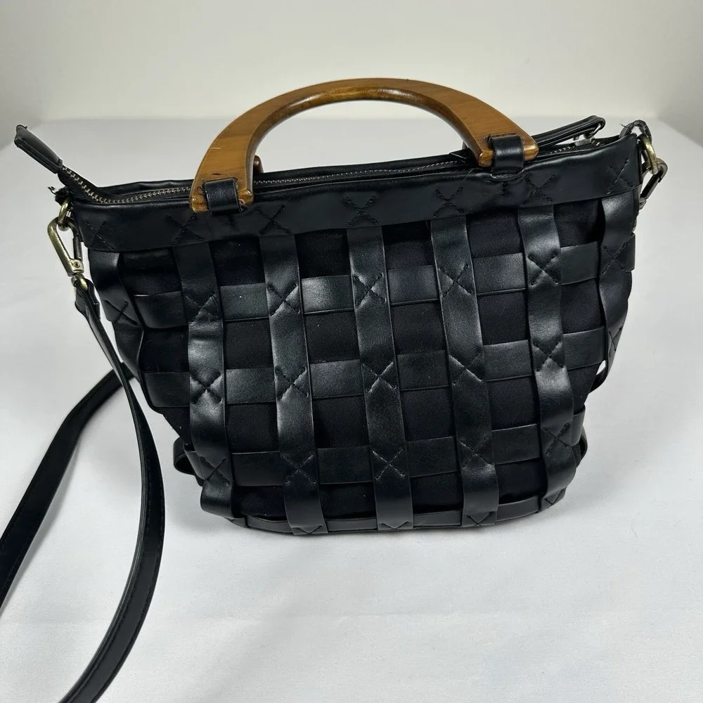 by Anthropologie Black Woven Leather Bag Wood Handle Crossbody Bucket Boho 80s